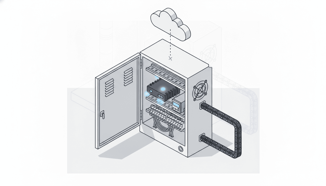 Isometric illustration: an open industrial control cabinet with an edge-compute box and PLC mounted on DIN rail, status lights on, while the dashed link to the cloud above is broken.