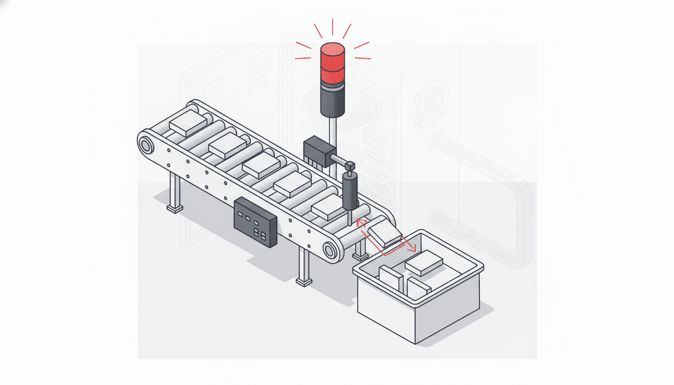 Isometric illustration: a pneumatic reject arm pushing a defective part off a roller conveyor into a reject bin, with an andon tower lit red behind it.
